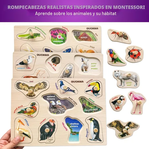Miniatura 5 de QUOKKA 8 Rompecabezas de madera para niños pequeños de 1 a 3 años - Rompecabezas Montessori para niños pequeños de 2 a 4 años en un estante - Juego