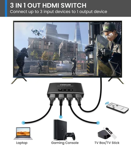 Miniatura 2 de Interruptor HDMI 3 en 1 Salida 4K UHD HDMI Switcher Splitter, interruptor automático con control remoto de metal HDMI Switch Box Hub Soporte 4K 3D
