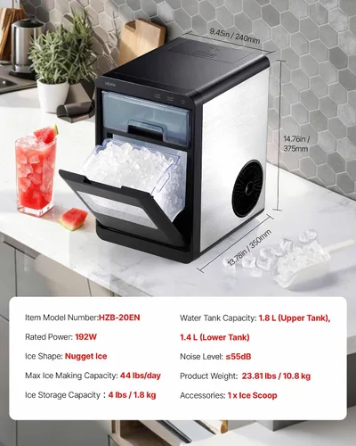 Miniatura 7 de VEVOR Máquina de hielo para encimera, 44 libras por día, máquina portátil autolimpiante con cuchara, máquina de hielo de pepita con hielo masticable