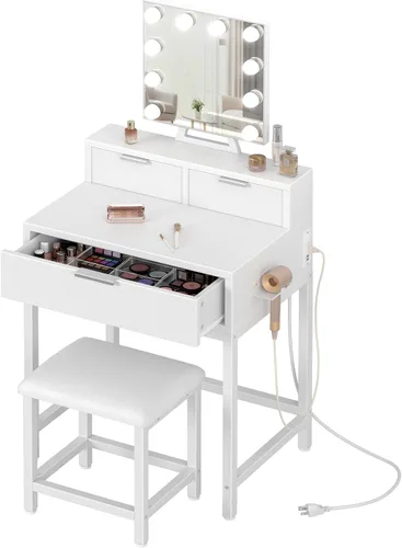 Miniatura 9 de BOLUO Tocador Dorado de Maquillaje con Espejo de Hollywood y Luces, Juego de Tocador para Niñas con Taburete, Mesa de Maquillaje Compacta