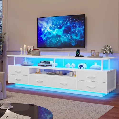 Miniatura 8 de BTHFST Soporte de TV para TV de 65 y 70 pulgadas con luces LED y tomas de corriente, centro de entretenimiento con estantes abiertos y 6 cajones