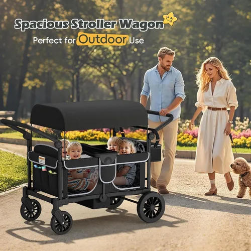 Miniatura 2 de TOLEAD Cochecito para 4 niños, plegable de 4 asientos para exteriores con toldo, manubrio ajustable, arnés de seguridad de 5 puntos, bandeja Negro