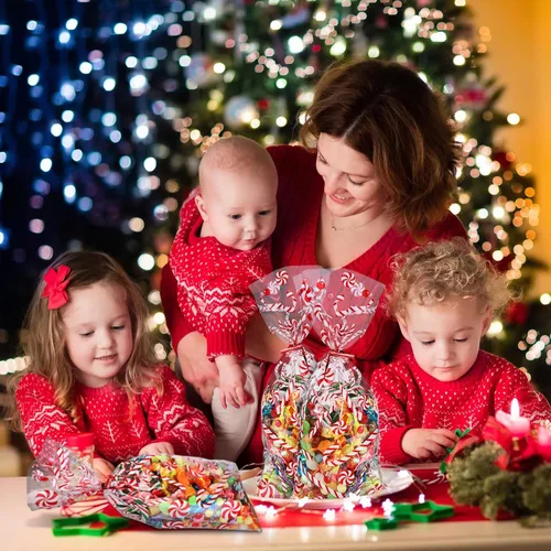Miniatura 6 de Boao 100 bolsas de celofán, bonitas bolsas de golosinas transparentes con 150 lazos giratorios para suministros de fiesta (estilo navideño 11)