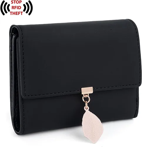 Miniatura 165 de UTO - Cartera pequeña RFID de piel sintética con dije de hoja, cierre de cremallera y tarjetero.
