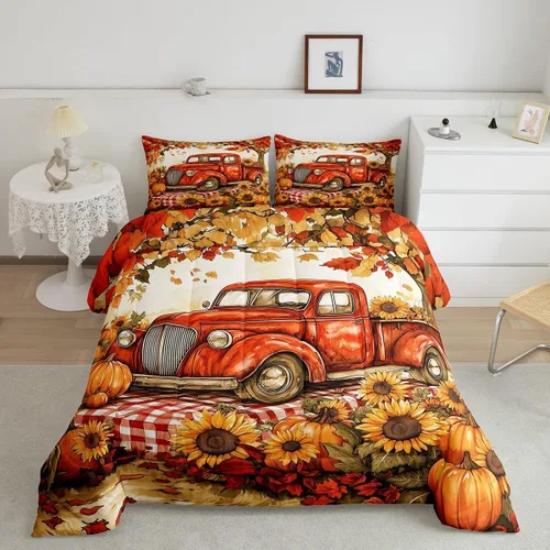 Miniatura 12 de Castle Fairy Juego de edredón de otoño con temática de Acción de Gracias, tamaño individual, juego de ropa de cama de calabaza, girasol, pavo