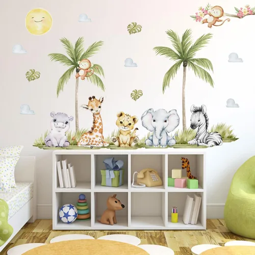Miniatura 3 de Calcomanías de pared de animales de acuarela de 56.29 x 44.88 pulgadas, calcomanías de animales de selva, tigre, elefante, cebra, jirafa, mono