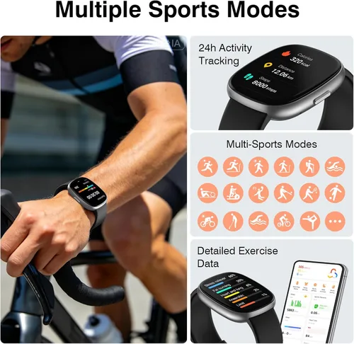 Miniatura 3 de TYKOIT Reloj inteligente, rastreador de fitness con pantalla táctil de 45 mm, monitor de frecuencia cardíaca, oxígeno en sangre, seguimiento