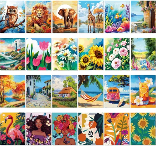 Miniatura 12 de Sherr Juego de 24 lienzos predibujados para pintar para adultos, lienzo preimpreso a granel, sorbo y kit de pintura, paneles estirados, juego