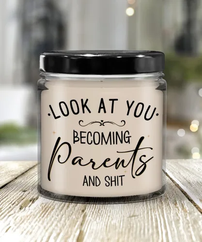 Miniatura 2 de Vela con texto en inglés «Look at You Becoming Parents» Ideas para baby shower para mamá y papá por primera vez que esperan madre y padre, recuerdo