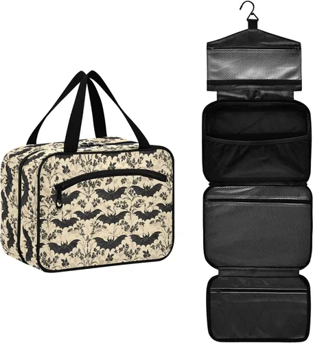 MNSRUU Neceser colgante para mujer, de viaje, murciélagos y flores, organizador de artículos de tocador vintage, portátil, transparente, para
