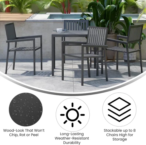 Miniatura 5 de Flash Furniture Harris - Juego de 2 sillas comerciales para interiores y exteriores, respaldo y asiento con listones de poliresina negra, marco