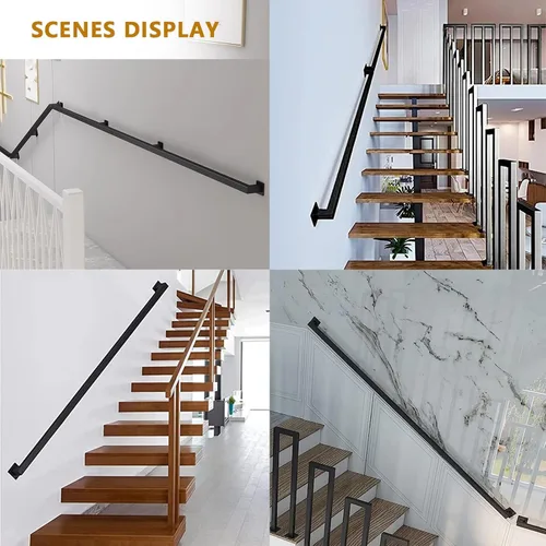 Miniatura 7 de Barandilla de escalera para escalones exteriores o interiores, pasamanos de escalera de metal negro soporte de pared de hierro forjado, barandilla