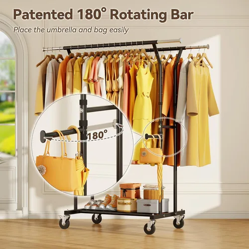 Miniatura 5 de Perchero de ropa resistente: 800LBS Perchero de ropa con ruedas para colgar abrigos, barras dobles, estantes de tela portátiles con ruedas Estante