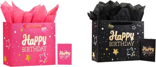 Miniatura 10 de Powbrace Bolsa de regalo de cumpleaños negra con papel de seda y tarjeta de felicitación, 13 x 10.2 x 4.9 pies, mediana