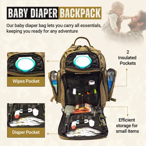 Miniatura 3 de Mochila táctica para pañales HSD + almohadilla Cambiadora, bolsillos aislados, correas de carriola., COYOTE BROWN Marrón coyote