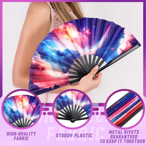 Miniatura 6 de FairySandy 20 abanicos de mano plegables grandes con varillas de plástico para hombres y mujeres, arco iris chino japonés con funda de tela