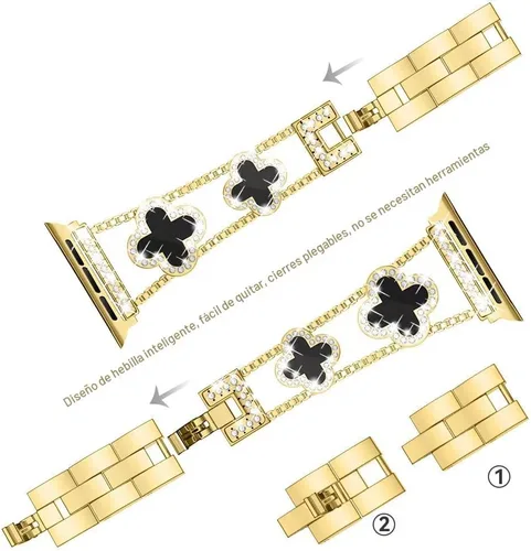 Miniatura 5 de Musk-MSKR Correas de metal con diamantes añaden brillo a tu reloj para Apple Watch Series 11/10/9/8/7/6/5/4/3/2/SE/Ultra Trébol Simple y elegante