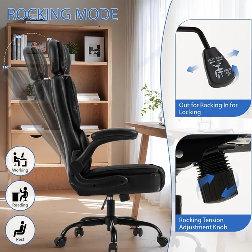 Miniatura 5 de Cómoda silla de oficina con reposacabezas ajustable, silla de escritorio ejecutiva de cuero con soporte lumbar, función mecedora, silla ergonómica