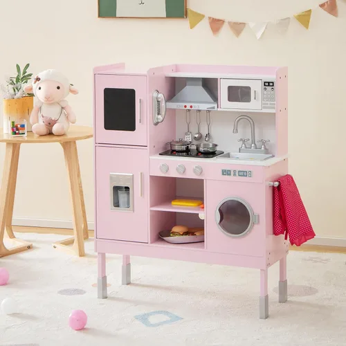 Miniatura 8 de HONEY JOY Juego de cocina para niños, cocina de madera para niños pequeños, microondas, utensilios de cocina, lavadora, campana extractora, pizarra