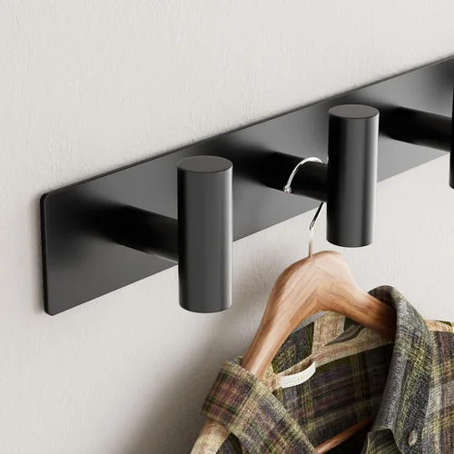 Miniatura 4 de GWAAZXGZ Perchero negro montado en la pared, 5 clavijas en forma de T para sombreros, bolsas y toallas, riel de metal resistente para entrada, baño
