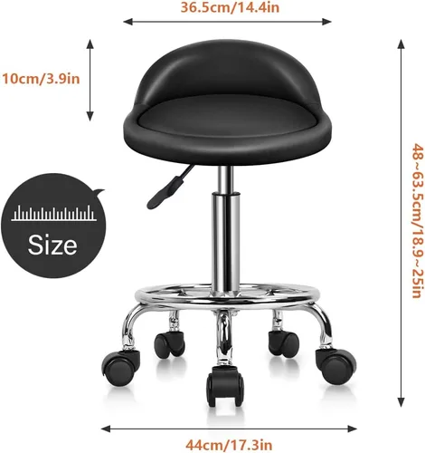 Miniatura 3 de KKTONER Taburete rodante redondo de cuero sintético con reposapiés, altura ajustable, giratoria, trabajo, spa, silla de tareas con ruedas (negro)