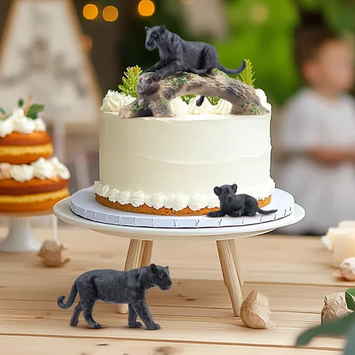Miniatura 8 de Toymany 7 Piezas Figuras de Panteras Negras con Cachorro de Pantera y Tronco de Árbol, Figuras Realistas de Animales de la Selva Juego Familiar