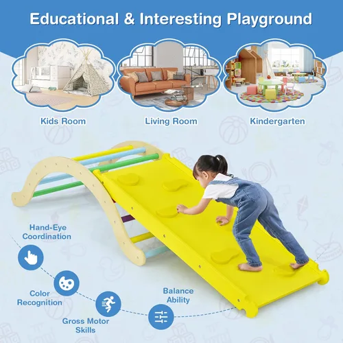 Miniatura 6 de HONEY JOY Arco de escalera de madera para escalar, escalera de escalada para niños 3 en 1 y tabla de columpio con almohadilla acolchada, juego