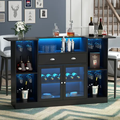 Loomie Armario de mesa de bar con LED y cajón, mini barra de licor con almacenamiento de 8 niveles y soporte para vasos, soporte de barra de alcohol
