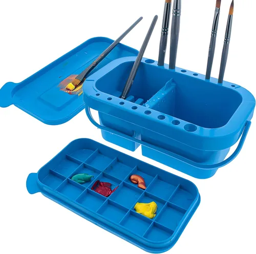 U.S. Art Supply - Limpiador y soporte de pinceles de plástico de 16 orificios con tapa que sirve de paleta para pinturas acrílicas, acuarela y al