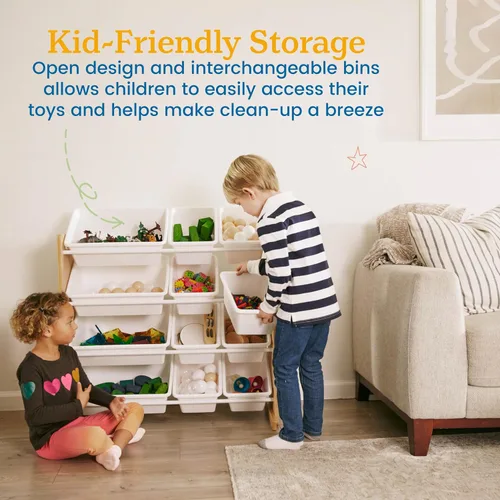 Miniatura 5 de ECR4Kids Organizador de 4 niveles con 12 cajones, para almacenamiento de juguetes, color natural oscuro/blanco
