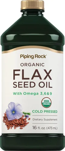 Piping Rock Aceite de linaza orgánico líquido | 16 onzas líquidas | Suplemento prensado en frío con Omega 3 6 9 | Vegetariano, sin OMG, fórmula sin
