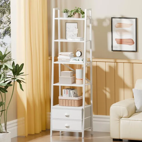 Miniatura 2 de Furologee Estantería de escalera de 5 niveles con 2 cajones, estantes de almacenamiento estrechos para libros, estantería industrial independiente