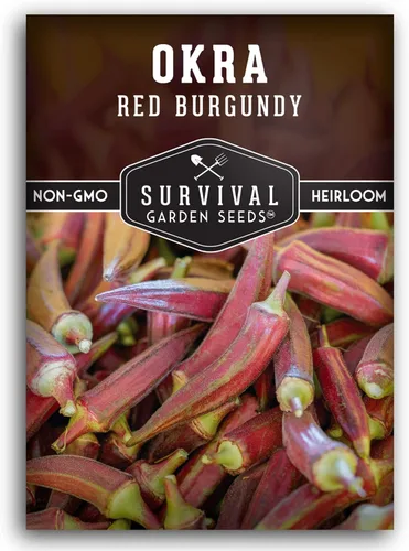 Survival Garden Seeds - Semilla de Okra rojo burdeos para plantar - Paquete con instrucciones para plantar y cultivar vainas tiernas de Okra Borgoña