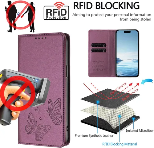 Miniatura 7 de Butterfly Embossed Leather Wallet Flip Case for Motorola Moto E22 4G, Magnetic Closure, RFID Blocking Cover, Card Holder Purple.