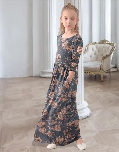 Miniatura 19 de 21KIDS Vestido largo floral de manga larga 3/4 con bolsillos para niñas de 6 a 12 años