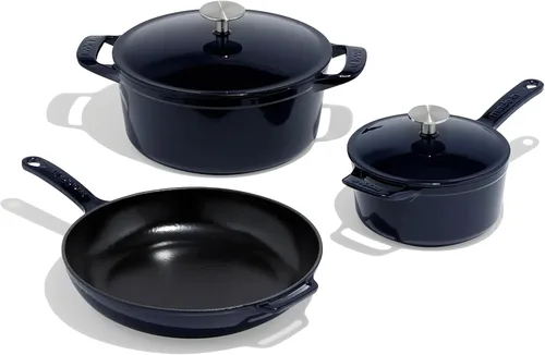 Made In Utensilios de cocina – Juego de 5 piezas de hierro fundido esmaltado – Azul – Incluye horno holandés con tapa, sartén y cacerola con tapa,