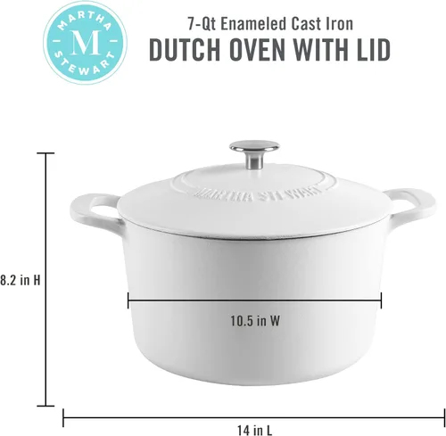 Miniatura 2 de MARTHA STEWART Gatwick - Olla Holandesa de Hierro Fundido Esmaltado de 7 Cuartos con Tapa, Color Blanco Mate, Olla Holandesa Duradera y Resistente