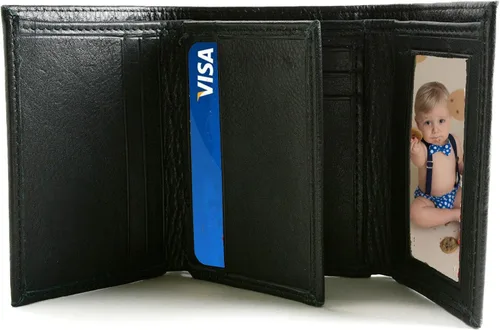 Miniatura 6 de Personalizado Negro Cuero Genuino Trifold Wallet Grabado Gratis - Se envía desde Estados Unidos, Billetera de cuero negro triple para dinero