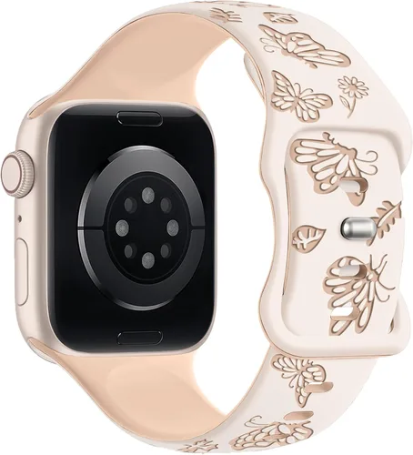 Miniatura 9 de Melyis Correa deportiva de silicona suave grabada con diseño floral y mariposa compatible con Apple Watch de 1.575 pulgadas, 1.614 pulgadas, 1.496