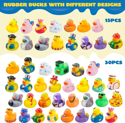 Miniatura 2 de JOYIN 60 patos de goma, patos surtidos aleatorios a granel con bolsa de transporte de malla, mini patitos de goma para juguetes de baño de bebés