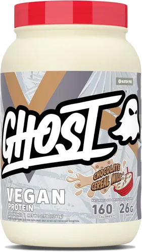 GHOST Proteína vegana V2 en polvo, leche de cereales de chocolate, tubo de 2.7 libras, 0.92 oz de proteína, mezcla de guisantes a base de plantas y