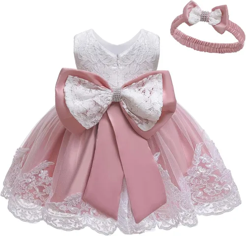 LZH - Vestido de encaje con volantes y tocados para bebés, vestidos de flores con lazo para fiestas y bodas