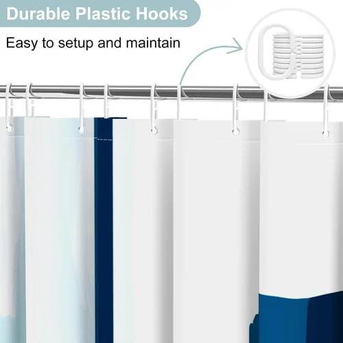 Miniatura 4 de deFouliao Cortina de ducha azul bohemia de mediados de siglo, cortinas de ducha modernas azul marino con líneas doradas minimalistas, impermeables
