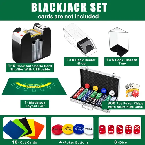 Miniatura 2 de Aoriher Juego de Blackjack Casino, incluye 300 fichas de póquer, fieltro de casino, 1 barajador automático de tarjetas de 6 barajas, bandeja de Verde