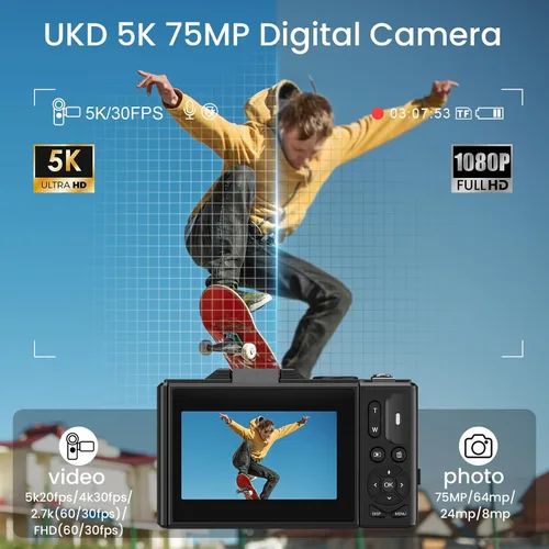 Miniatura 2 de Cámara digital 5K para fotografía, enfoque automático 75MP WiFi Vlogging cámara para YouTube con pantalla abatible de 180° de 3 pulgadas, cámara