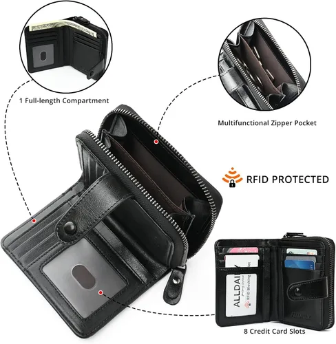 Miniatura 3 de Billetera pequeña para mujer con bloqueo RFID, cierre de cuero, bolsillo para monedas, tarjetero, con ventana de identificación, Negro