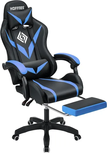 Miniatura 8 de HOFFREE - Silla gamer con masaje, altavoces Bluetooth y luces LED, silla ergonómica para computadora y videojuegos con reposapiés, silla de Azul