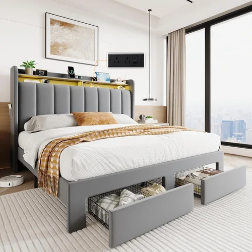 Miniatura 14 de SHA CERLIN Base de cama de plataforma de tamaño matrimonial con cabecera de canal vertical copetuda y 2 cajones de almacenamiento, estantes de 2