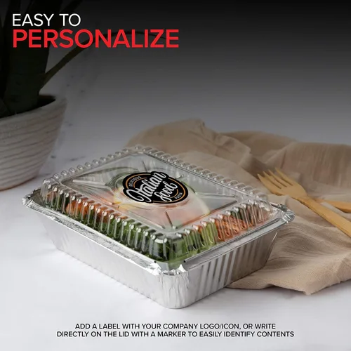 Miniatura 6 de Stock Your Home Sartenes pequeñas de aluminio de 2 libras con tapas (paquete de 100) con papel de aluminio y tapa de plástico transparente