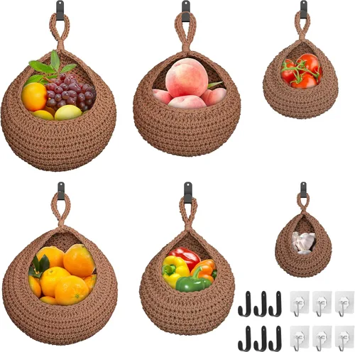 6 cestas de frutas colgantes de pared para cocina, cesta colgante bohemia con 12 ganchos fuertes, almacenamiento de cocina, verduras, frutas, papas,
